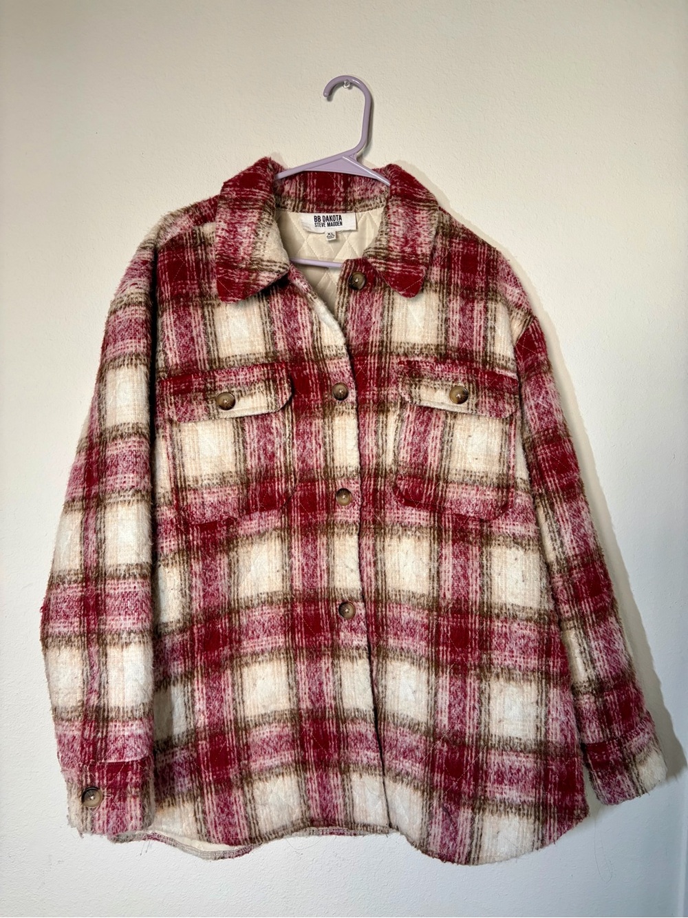 BB Dakota by Steve Madden Red Cream Plaid Quilted Shacket XL